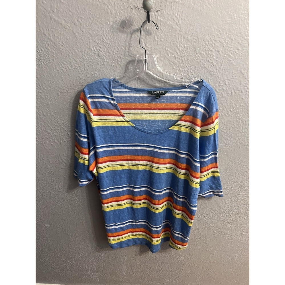 Lauren Ralph Lauren Womens Blu Striped Shirt Size 2X Short Sleeve Linen - Picture 1 of 9